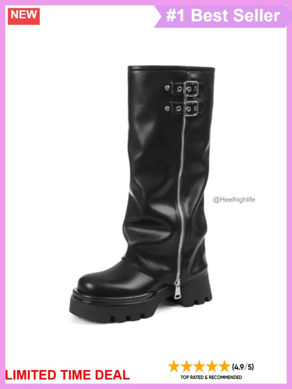 Platform Knee High Combat Riding Boots Faux Leather Fold Over